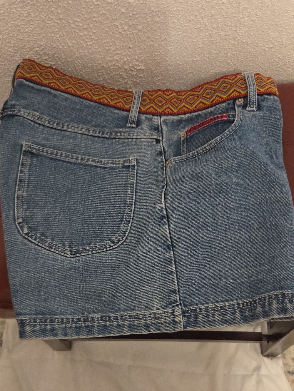 Blue Denim Shorts with Patterned Waistband